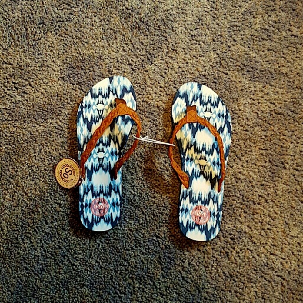 SO Blue patterned flip flops with leather straps